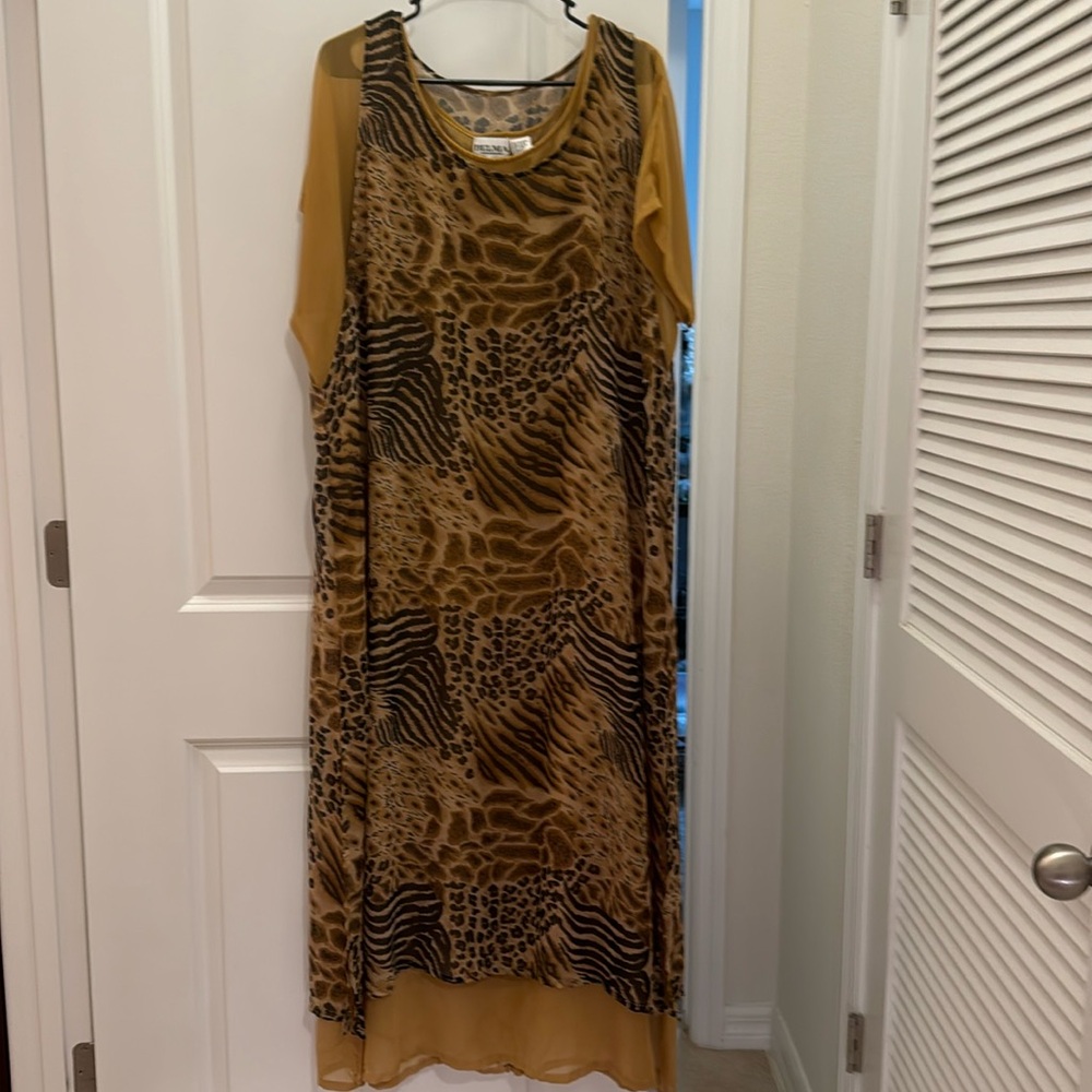 Belma animal print long maxi dress features two layers attached short sleeve NS
